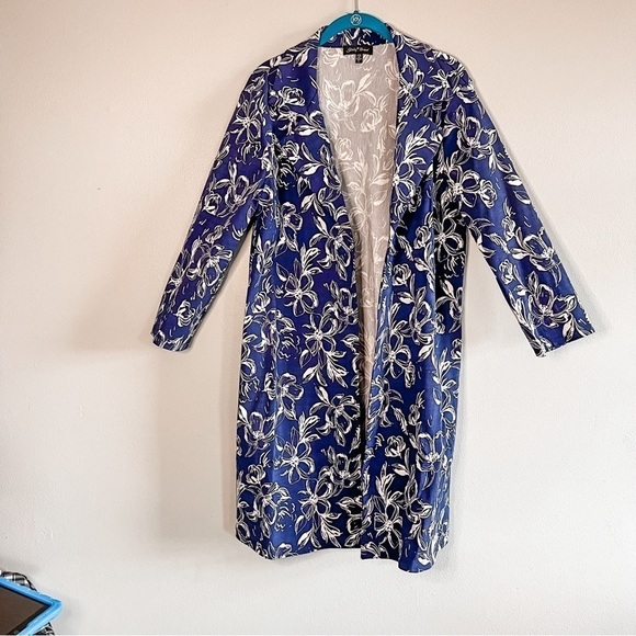 Slinky Brand Blue & White Floral Trench Style Open Front Longline Coat Large - Picture 2 of 6